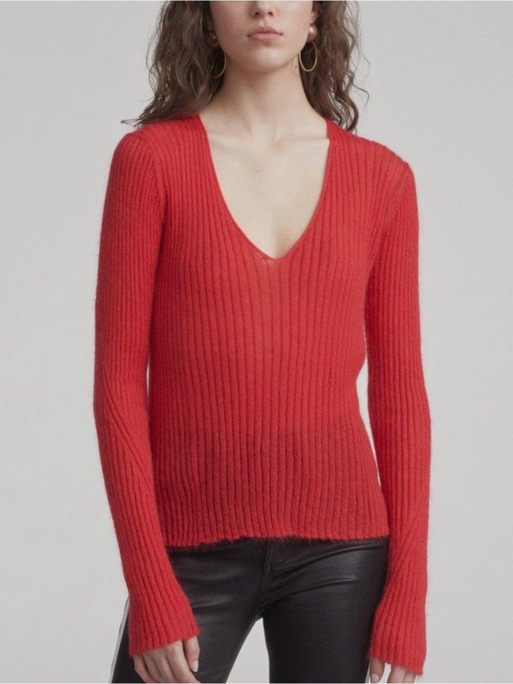 Rag & Bone Donna Mohair Blend Sweater V-Neck Ribbed Knit Lightweight Red